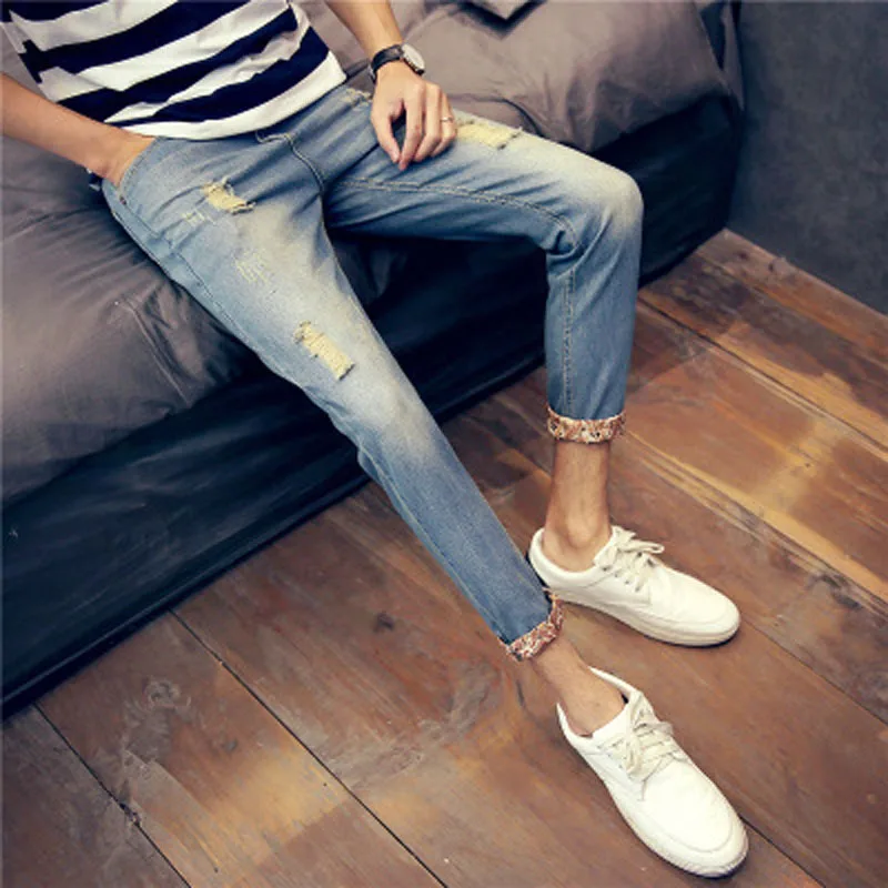 

Wholesale 2022 Fashion Casual Cropped Jeans Men's Summer Thin Beggar Hole Cropped Pants Cropped Pants Slim Retro Pencil Pants