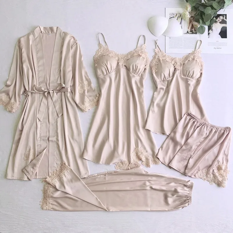 

Sexy Women Lace Home Wear Sleep Set Casual Satin Gray Sleepwear Home Clothing Silky Solid Suit Nightgown Sleepwear