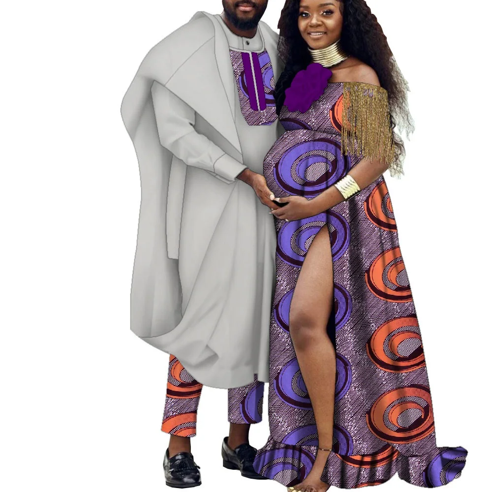 

Summer Bazin Riche African Clothes for Couples Agbada Robe Suits for Men Dashiki Lady's Split Loose Dresses with Tassel WYQ805