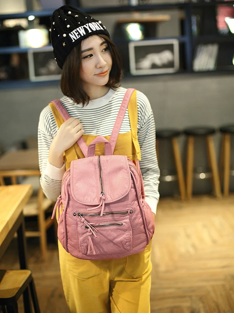 

Fashionable Ladies Backpack Leisure Retro Washing Leather Travel Multi-pocket Zipper Backpack