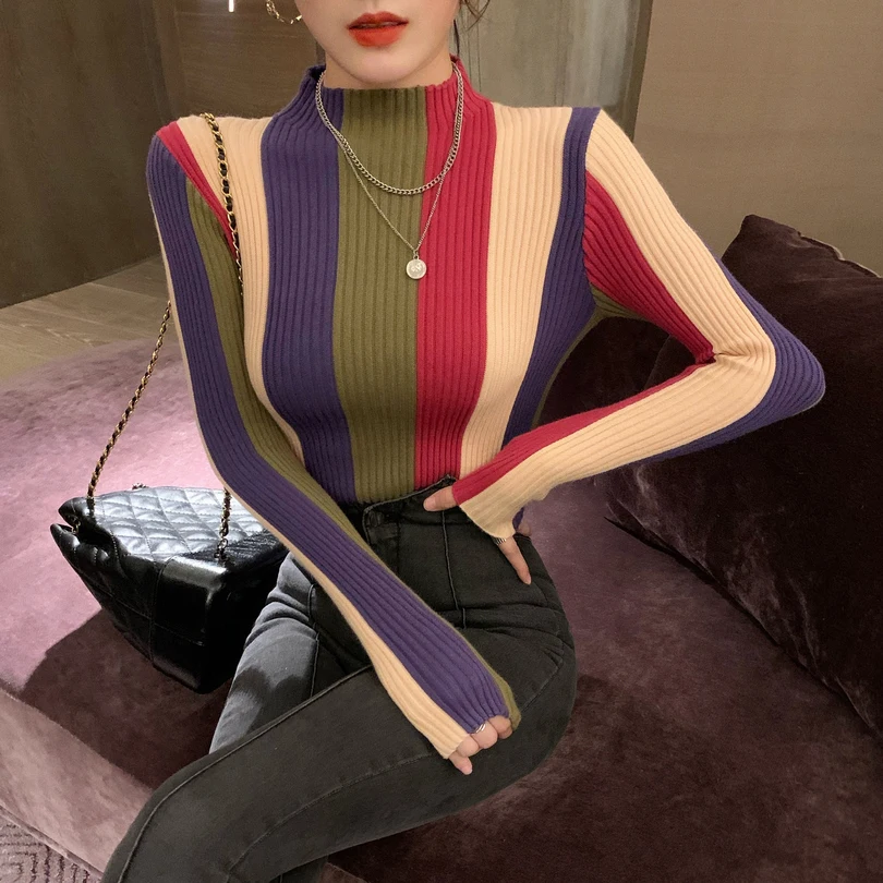 

Новинка, женский свитер с воротником под горло, в цветную полоску, приталенная рубашка, приталенная, женская, шикарная, модная, стильная, фея ...