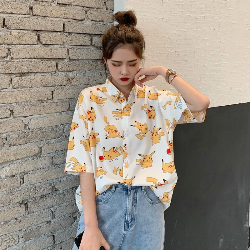 

Summer New Pikachu Short-Sleeved Ladies Chiffon Shirt Cartoon Anime Trend Street Casual Wild Student Personality Large Size Top