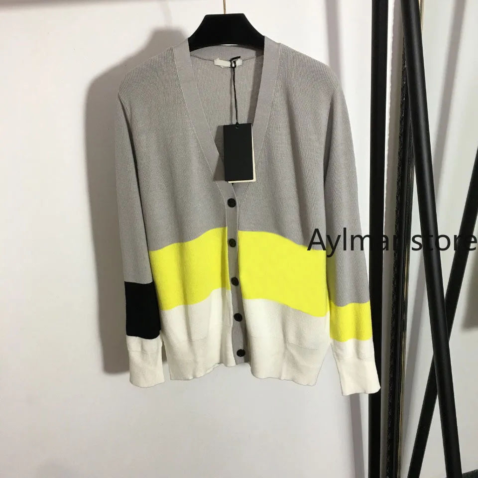 

Luxury Design 2021 autumn winter new fashion color matching single breasted V-Neck long sleeved knitted cardigan women's coat