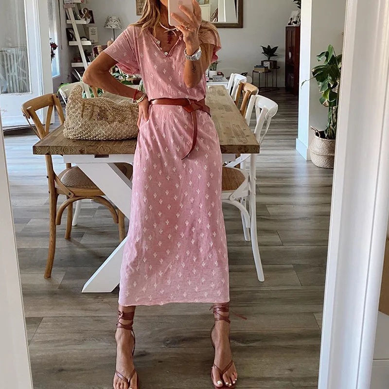 

2020 summer New popular cotton loose dress with sash big size long thin women's casual slim printed V-neck pink office dress