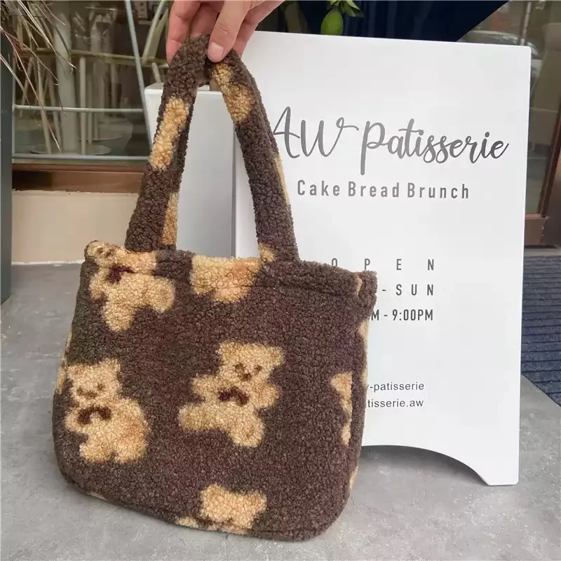 

Plush Bear Handbag Warm Lamb like Fabric Underarm Bag Small Canvas Tote Soft Fluffy Cloth Shoulder Bags Cute Purses For Girls