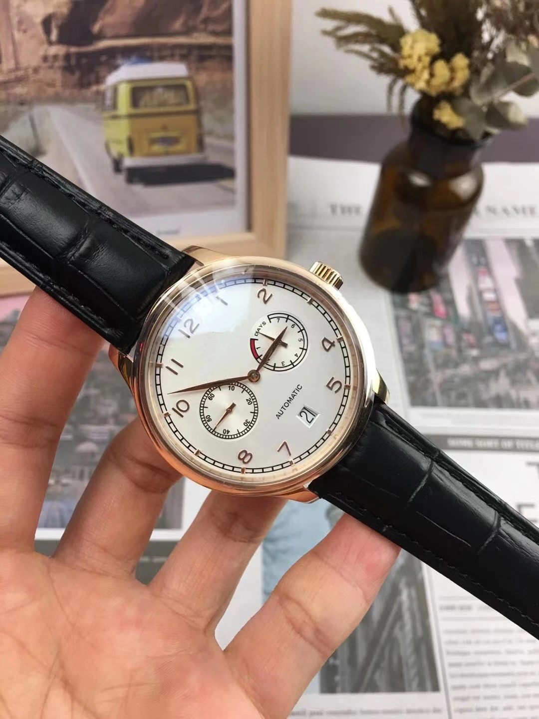 

2020 Luxury Brand New Men Automatic Mechanical Schaffhausen 7 Days Power Black Leather Daydate Sapphire White Blue Number Watch