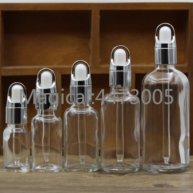 

10pcs/lot 5/10/15/20/30/50/100ml Empty Clear/Amber Glass Essential Oil Perfume Bottles with Silver/gold Basket Cap DIY Container
