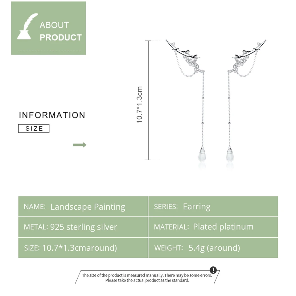 

BISAER Hot Sale Simple Long Tassel Earrings 925 Sterling Silver Landscape Painting Zircon Women Stud Earrings Wedding Jewelry
