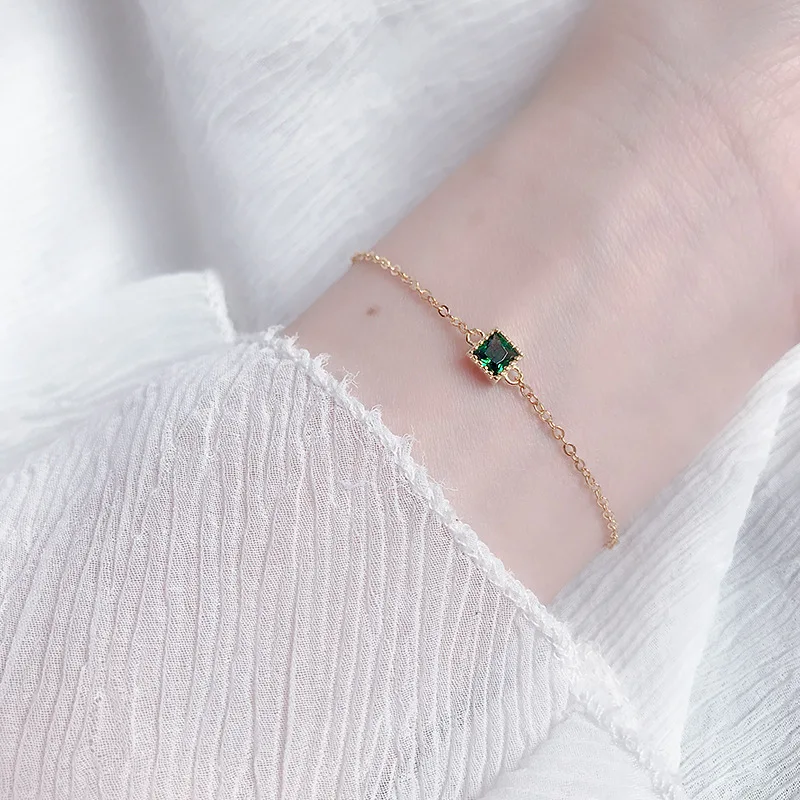 Женские Квадратные браслеты из серебра 925 пробы с зеленым Цирконом|Гибкие и