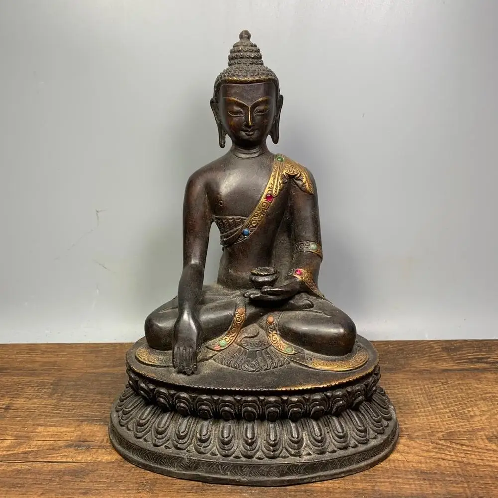 

Home Decor 8" Tibet Buddhism Temple Old Bronze Mosaic gem Shakyamuni Buddha Statue Medicine Buddha Amitabha statue