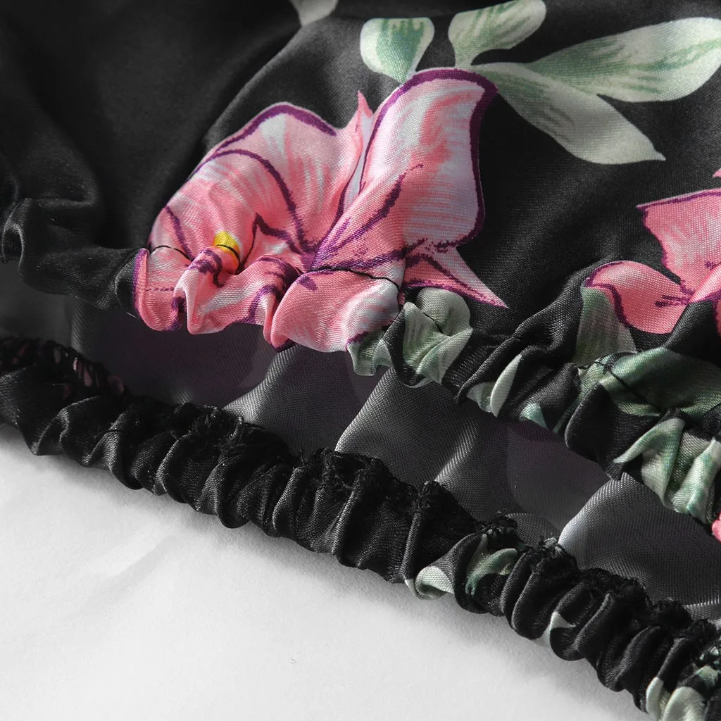 

Fashion Women's Pajamas Set Silk Satin Flower Printed Lace V-Neck Camisole Vest Trousers Summer Sleepwear M*