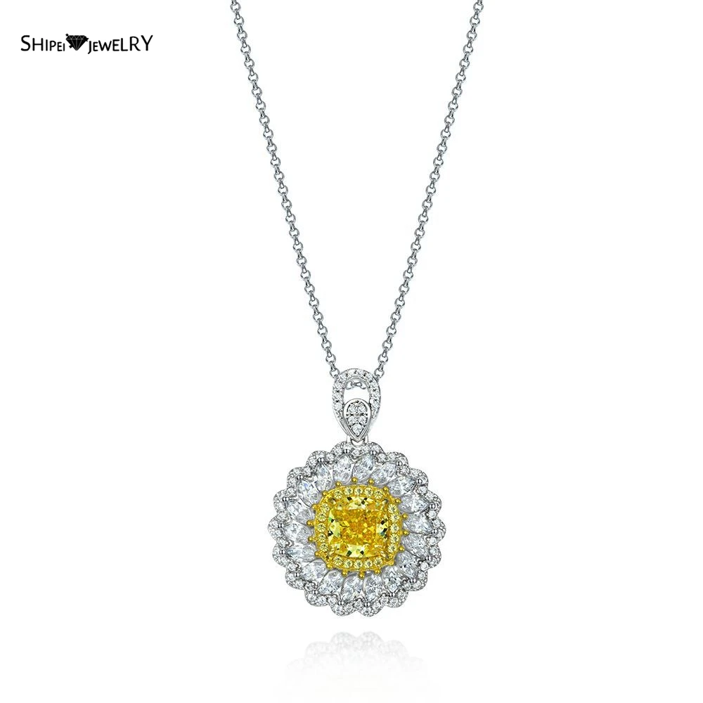 

Shipei 100% 925 Sterling Silver Small Daisy Flower Created Moissanite Citrine Gemstone Fashion Pendant Necklace Fine Jewelry