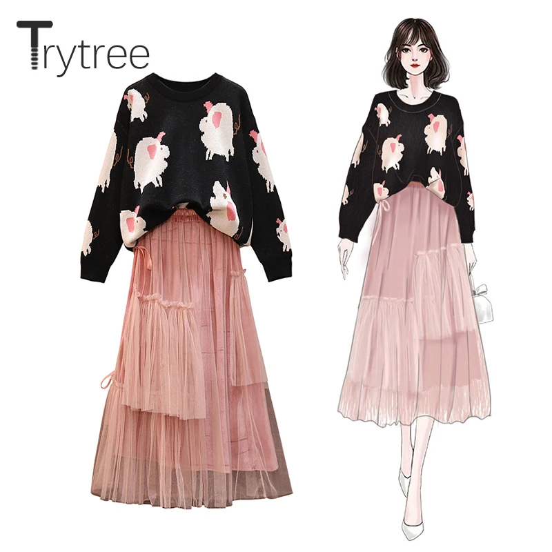 Trytree 2019 осенне-зимний комплект из двух предметов повседневный Вязаный топ с