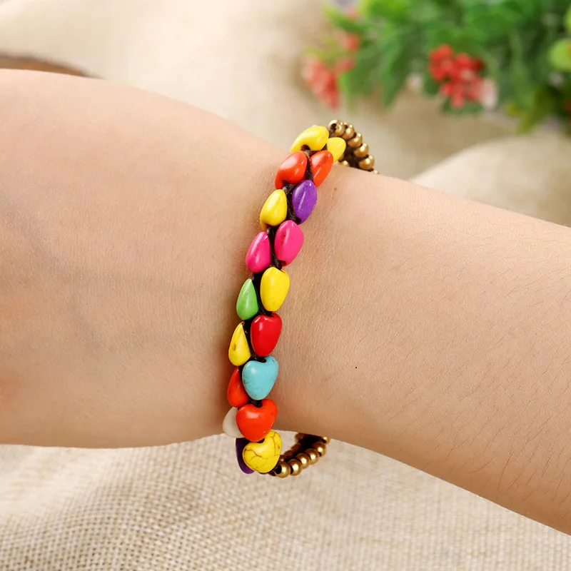 

European and American Bohemian Ethnic Style Retro Semi-precious Stones Women's Bracelet Wax Rope Hand-woven Beach Female Bangle
