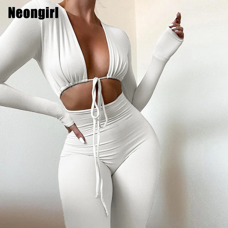 

Neongirl Crop V Neck Jumpsuits Women Bandage Skinny Tight Full Sleeve Plain Feature Breathable Glamorous 2022 Spring Corset
