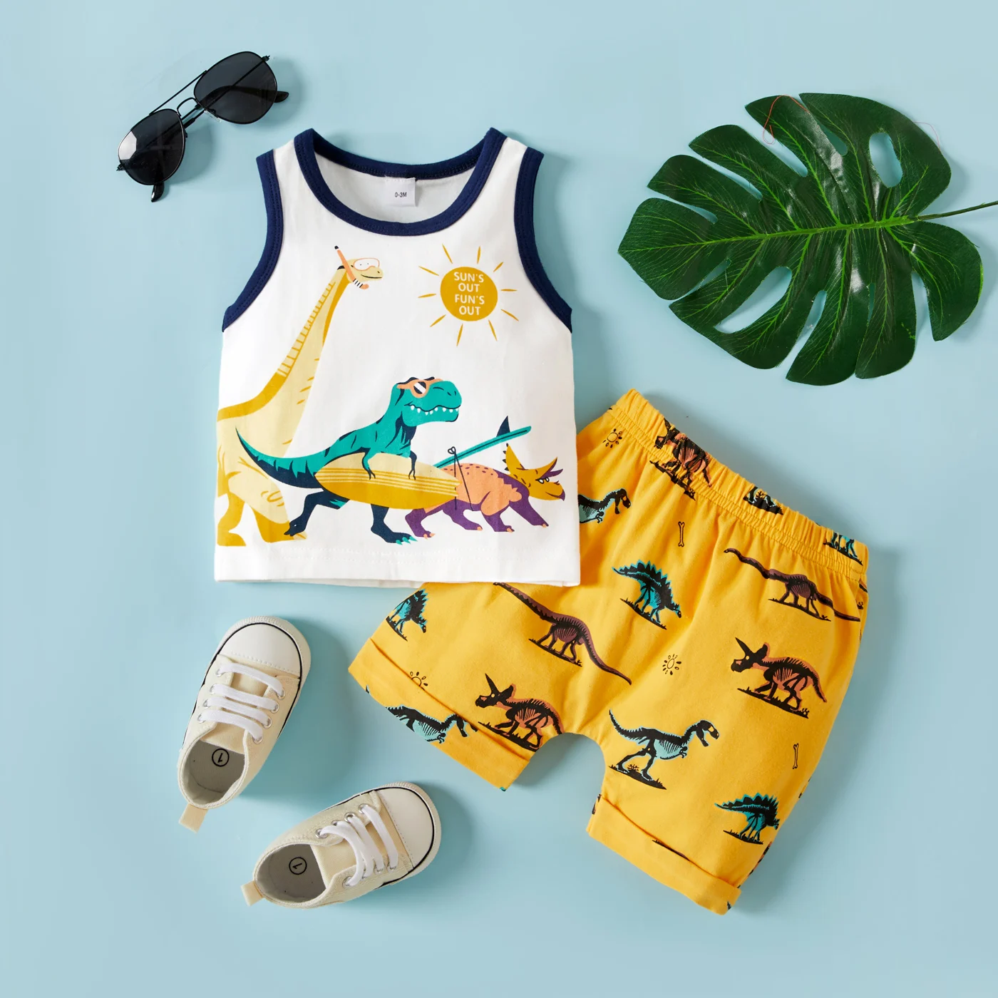 

PatPat New Summer 2pcs Baby Boy Dinosaur Sleeveless Summer Spring Cotton Baby Sets