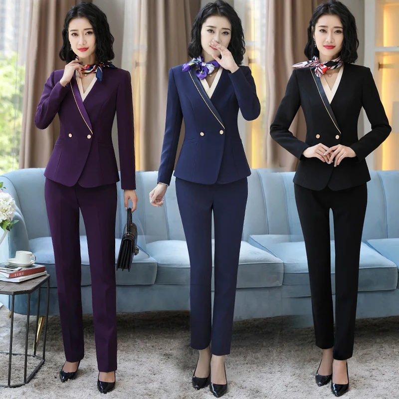 IZICFLY New Style Purple Airline Stewardess Waiter Clothes Women Pant Suit Hotel Reception Restaurant Uniform For Work Wear