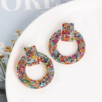 wholesale jujia trendy round colorful crystal drop earrings women wedding simulated pearl statement earrings jewelry