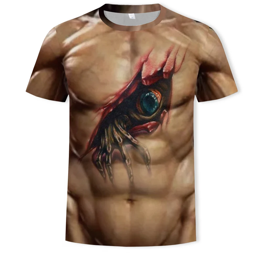 

2021 New Summer Men Hip Hop T-Shirt 3d Printed Human Body Muscle tattoo Tee Tops Short Sleeve O-Neck Breathable Mesh Tshirt 6XL