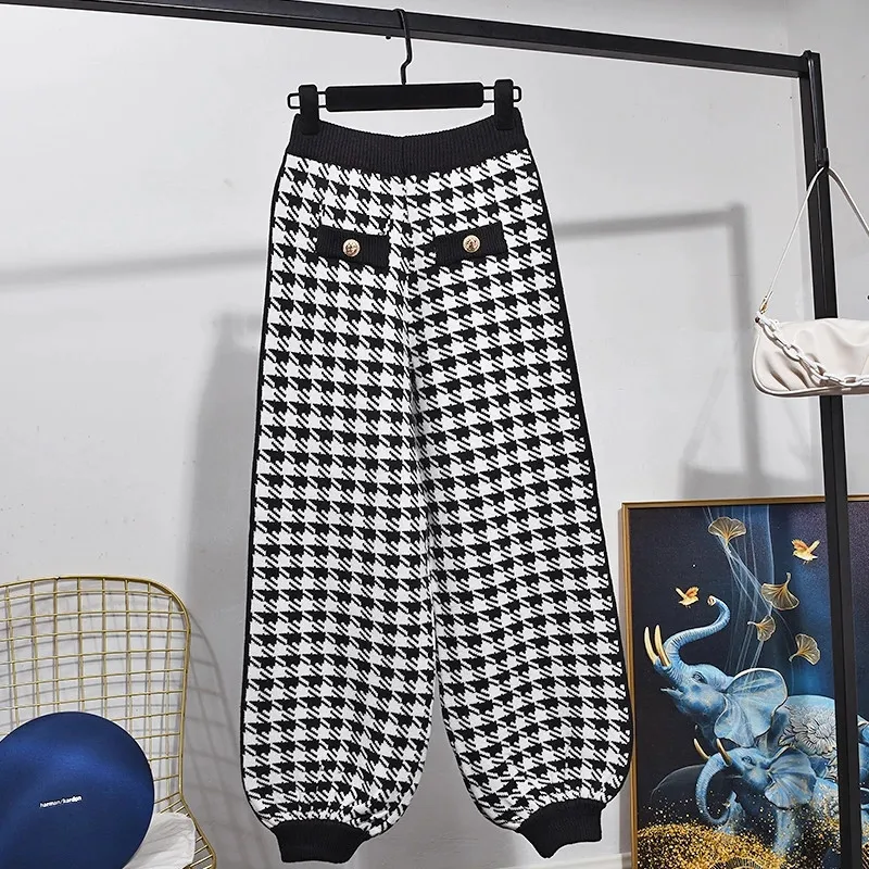 Fashion Houndstooth Knit Cardigan Jacket 2 Piece Set Ladies Autumn Long Sleeve Coat+Bloomers Pants Women Suit Winter chandal