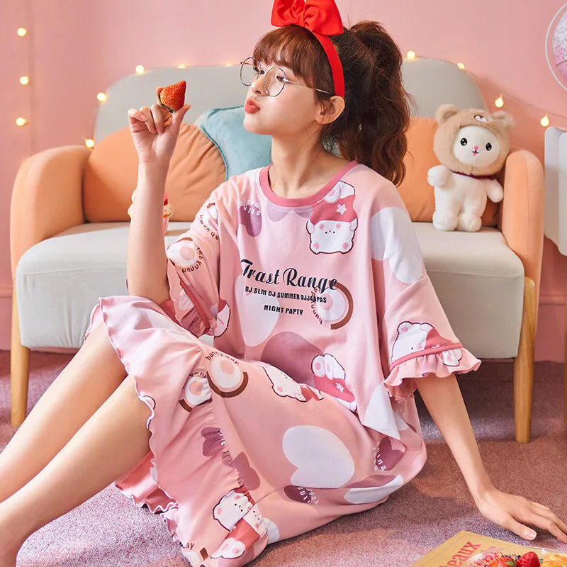 

Summer Princess Style Women Short Sleeve Nightgowns Sweet Loose Sleepshirts Long Plus Size Cute Cartoon Sleepdress Home Casual