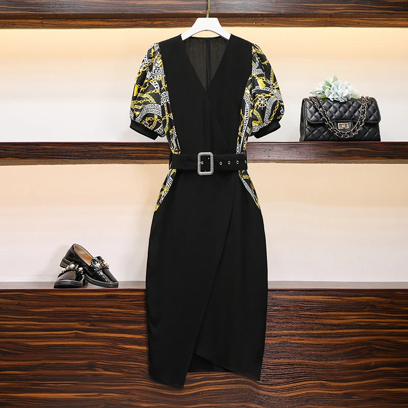 Женское летнее длинное черное платье миди с поясом большого размера плюс