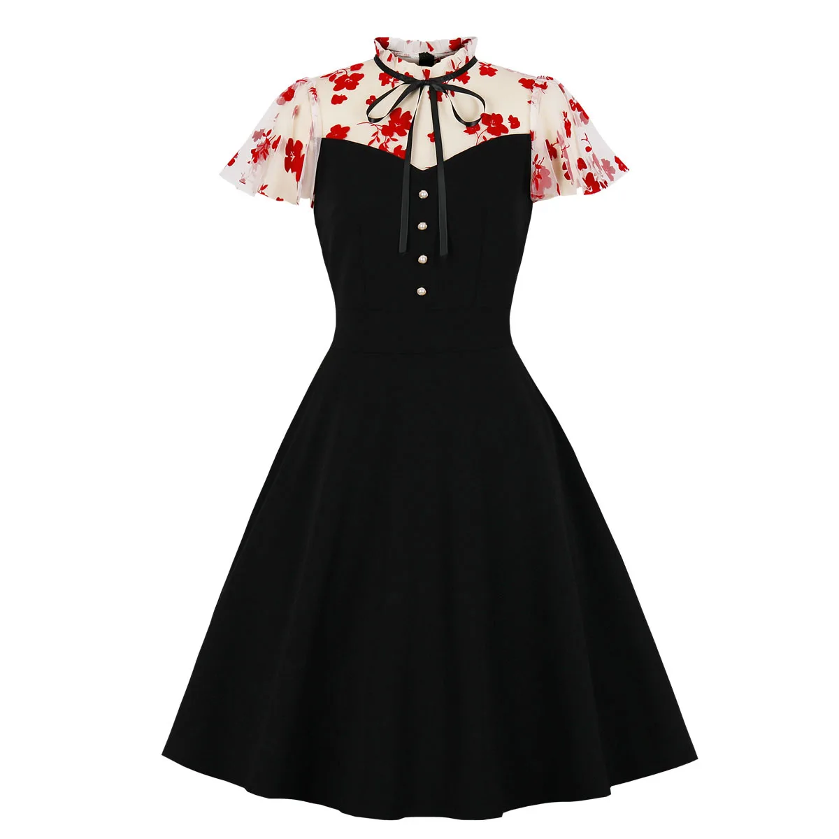 Women Stand Collar Floral Mesh Vintage Dress Knee Length Button Front Ruffled Short Sleeve Retro Clothes Summer Vestidos