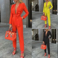 spring autumn women solid long sleeve blazer casual pants jumpsuits office lady elegant lace up red jumpsuit ol business outfits
