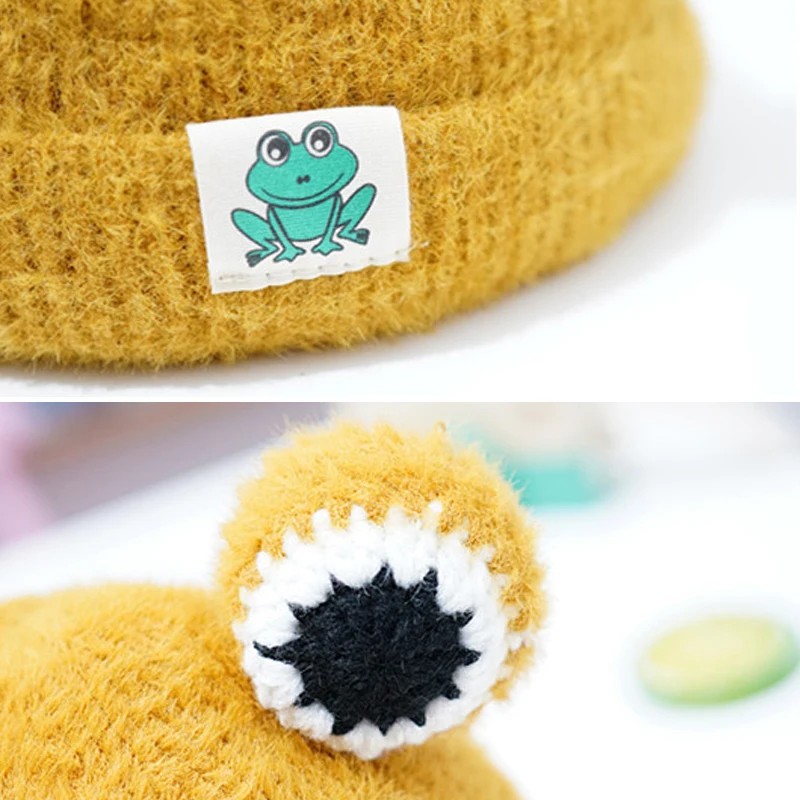 Зимняя теплая вязаная детская шапка милая мультяшная большая лягушка для