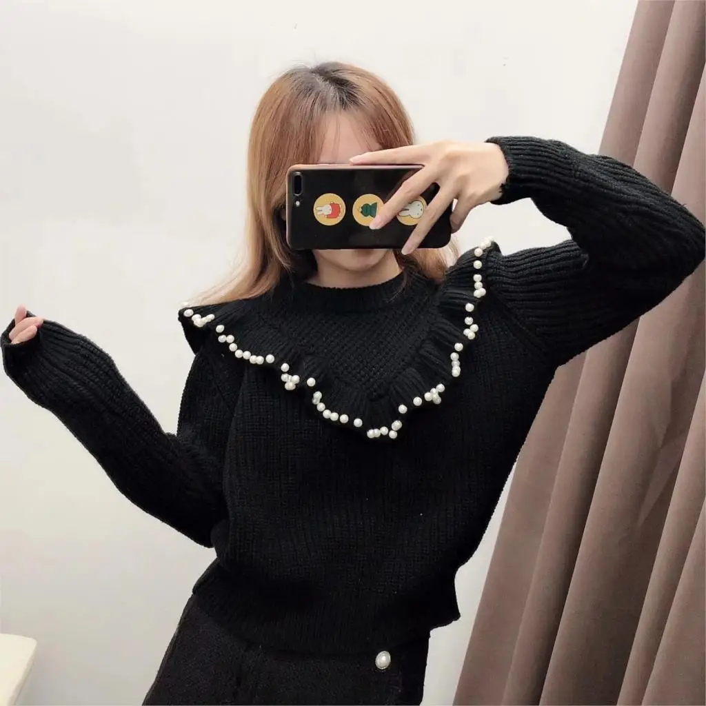 Женский свитер с жемчужинами Za Trf черный вязаный пуловер длинным рукавом джемпер