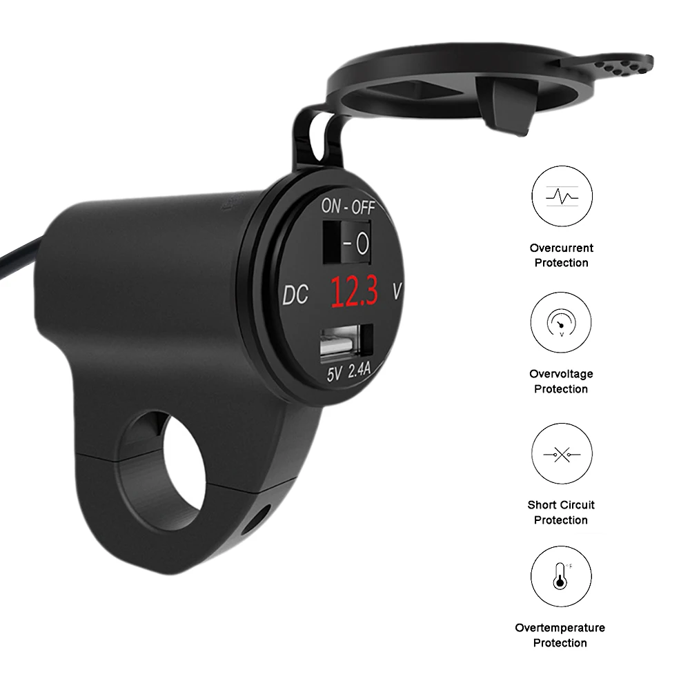 

2.4A Digital Display Mobile Phone Adapter With Switch Car Fast Charger Aluminum Alloy Motorcycle USB Charger