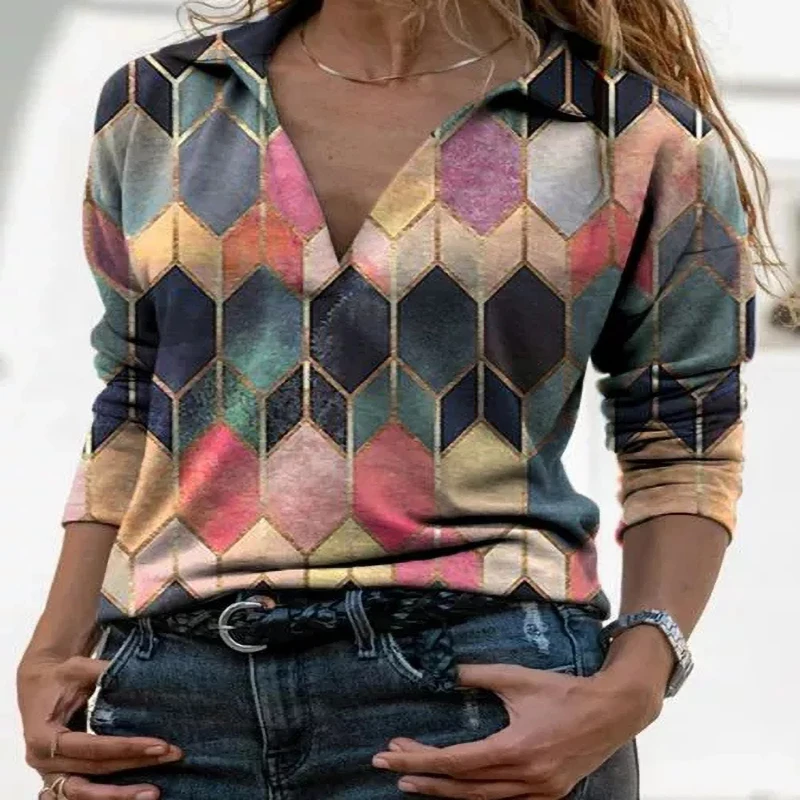 

Summer Floral Print Women Blouse Shirts Sexy V Neck Casual Soft Long Sleeve Slim Ladies T-Shirts Cool Harajuku Females Clothing
