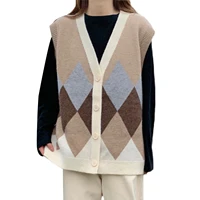 hirigin 2021 autumn women fashion rhombus pattern v neck single breasted vest casual sleeveless knitted cardigan streetwear