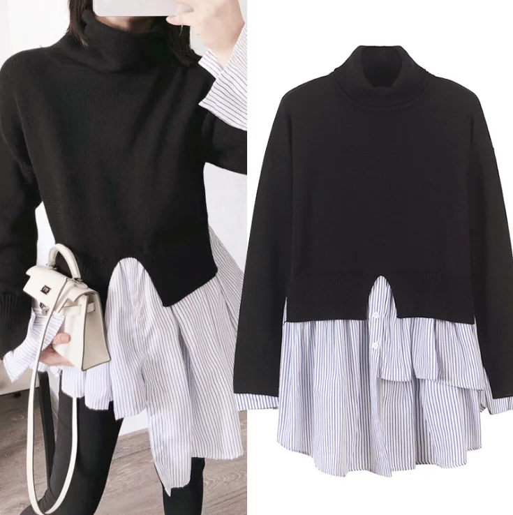 Свитер с имитацией двух предметов 2019 женский черный белый свитер высоким