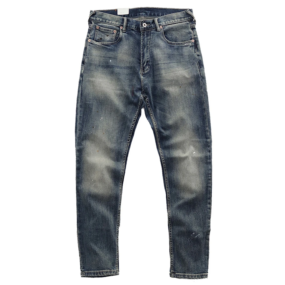 American retro elastic thick pants spray painted Harajuku blue ground white used washed slim legged jeans men