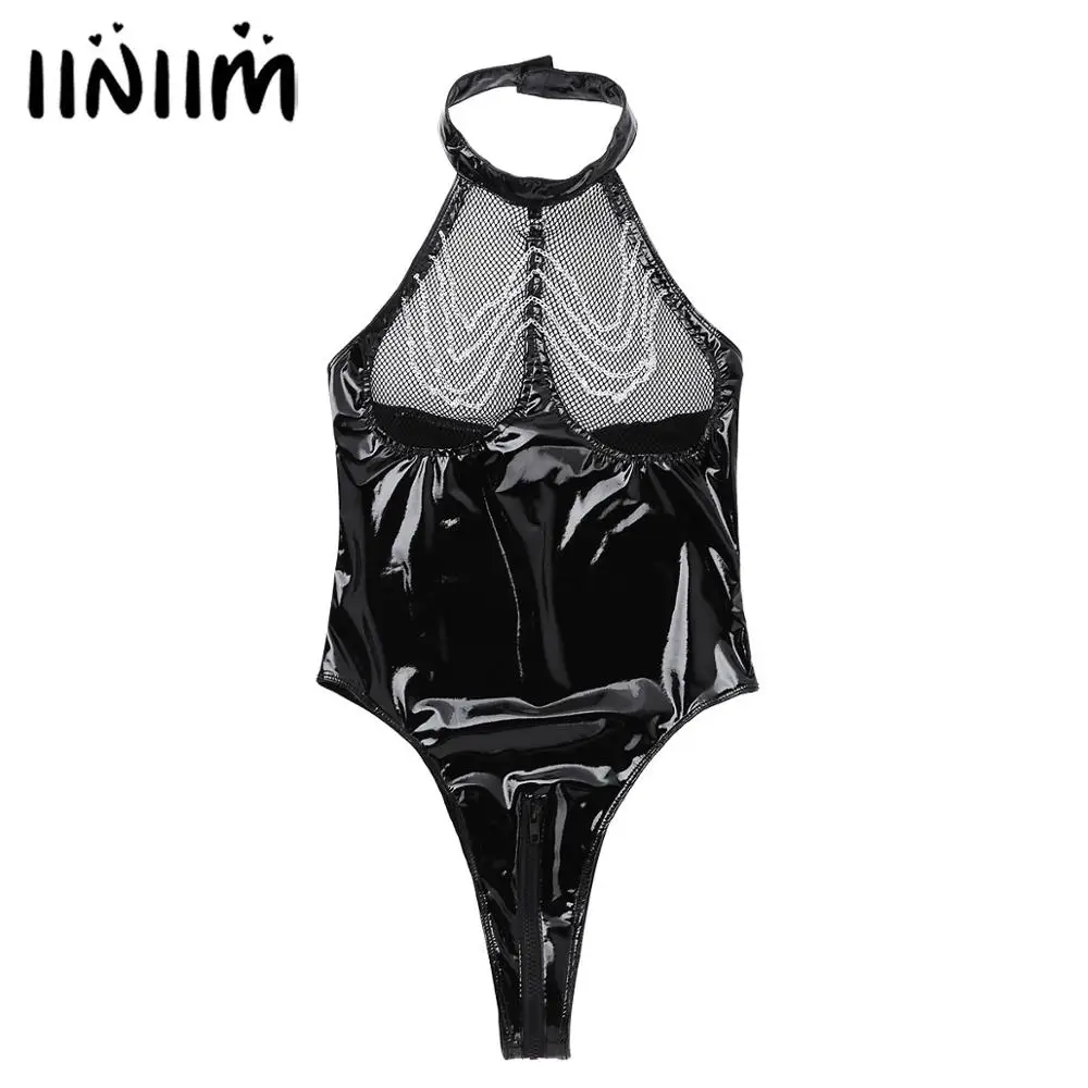 

iiniim Womens Femme Wetlook Patent Leather Mesh Fishnet Bust Zipper Crotch Fetish Bodysuit Body Latex Teddies Costumes Clubwear