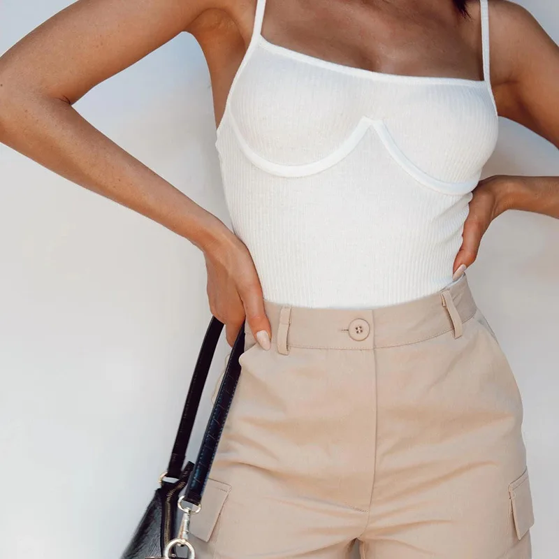 

Backless 2021 Women Bodysuit Sexy White Knitted Summer Sleeveless Spaghetti Strap Body Top Ladies Casual Bodysuits