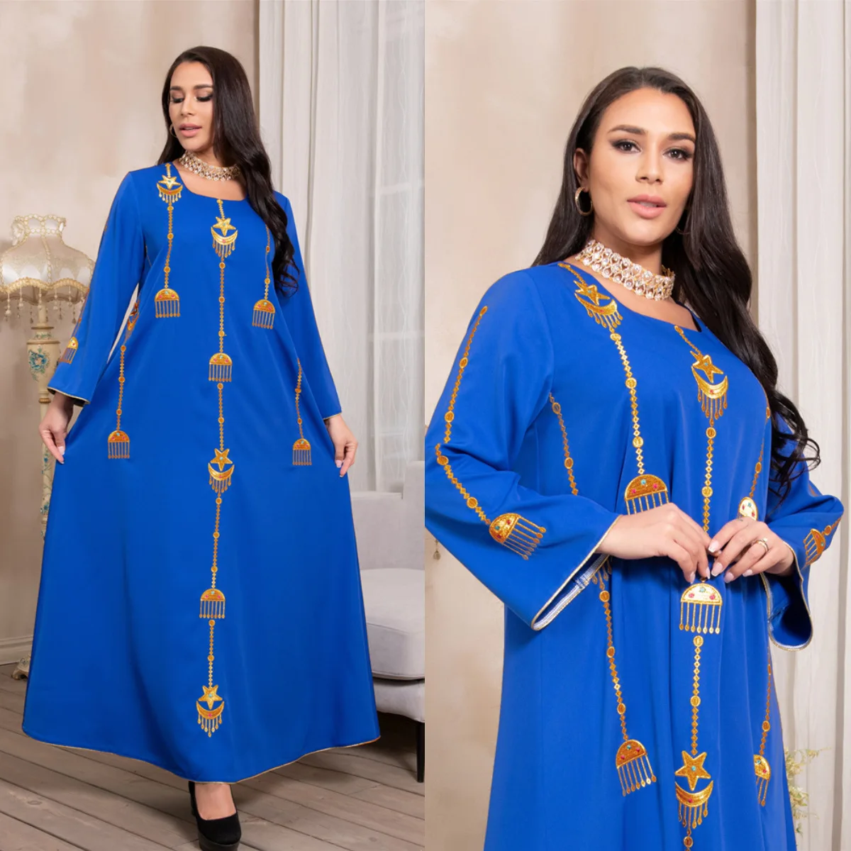 

2021 Ramadan Mubarak Abayas For Women Dubai Muslim Hooded Dress Kaftan Moroccan Turkish Evening Gown Islam Clothing Blue