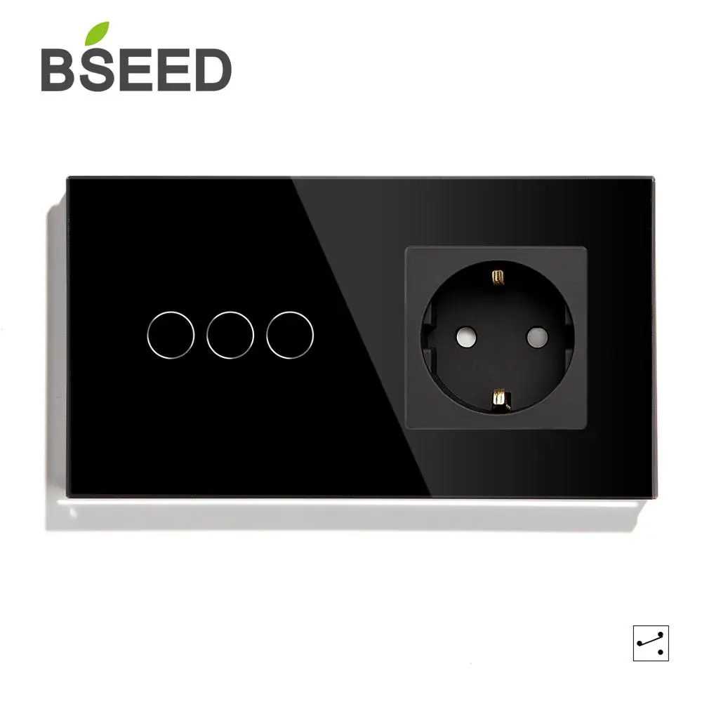 BSEED, 1 комплект, 2 комплекта, 3 комплекта, 1 способ, 2 способа, сенсорный выключатель, стандарт ЕС, розетка с черным, белым, золотым, кристальным стеклом, панельные переключатели - Цвет: Black 3 Gang