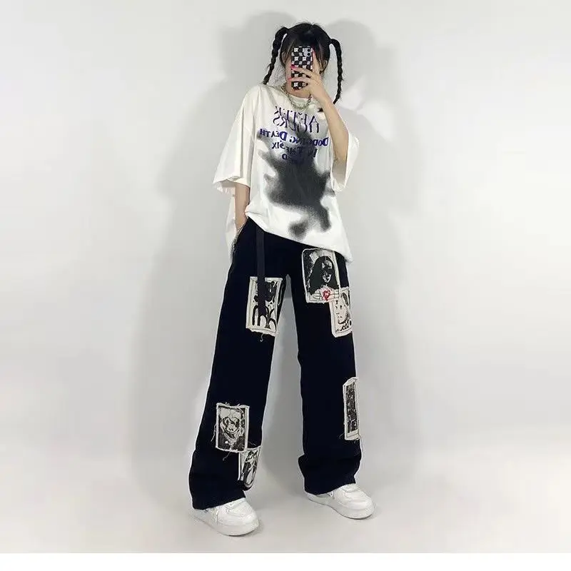 Grunge Punk Patchwork Black Jeans Women Hip Hop Streetwear Print Oversize Wide Leg Trousers 90s Vintage Fashion Pants