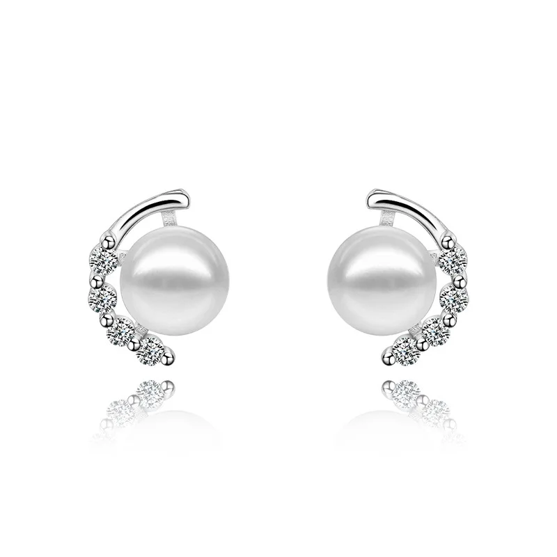 

925 Silver Simple Fashion White Crystal Pearl Ear Studs Women Exquisite Party Girlfriend Crescent Earrings Jewelry Accessories