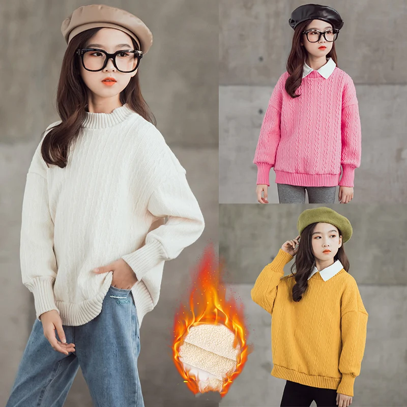 

Girls Boys Sweater Kids Coat Outwear 2022 Vintage Plus Velvet Thicken Warm Spring Autumn Knitting Wool Cotton Tops Teen Children