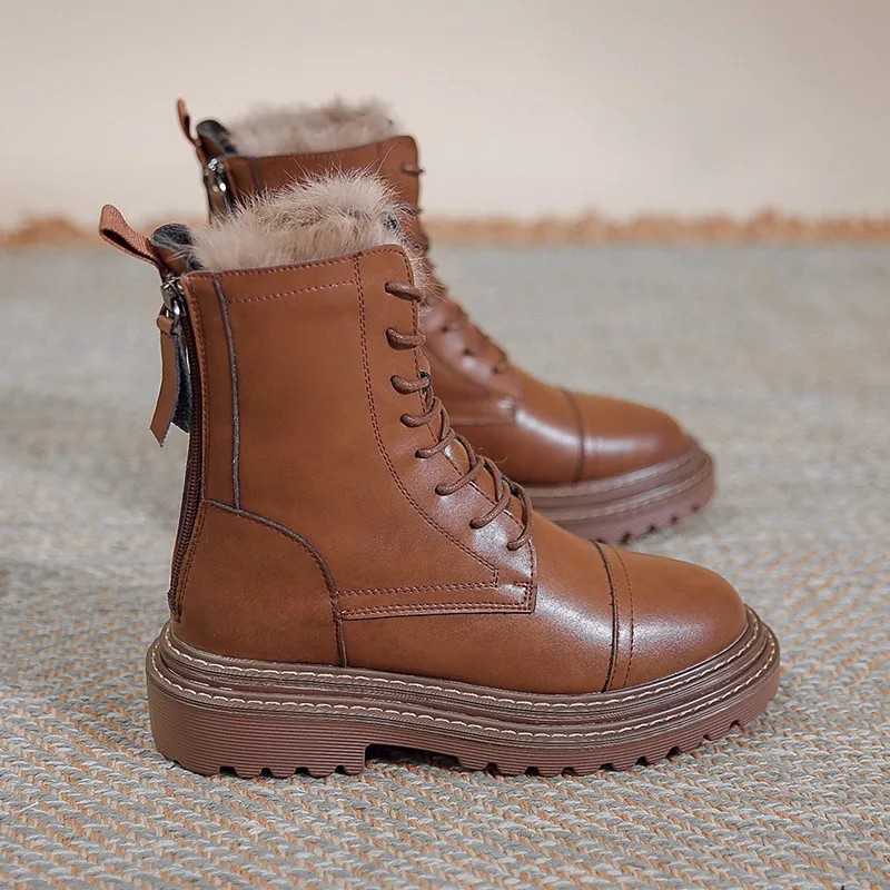 Boots children 2022 winter snow boots women plus velvet warm cotton shoes non-slip locomotive shoes bread shoes frosted leather