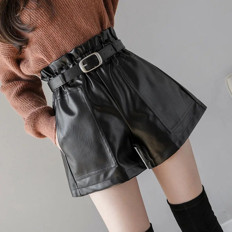 

Autumn 5XL Women Shorts Fashion Leather Shorts Casual Elastic High Waist Shorts Wide Leg Loose Oversize PU Shorts with Belt