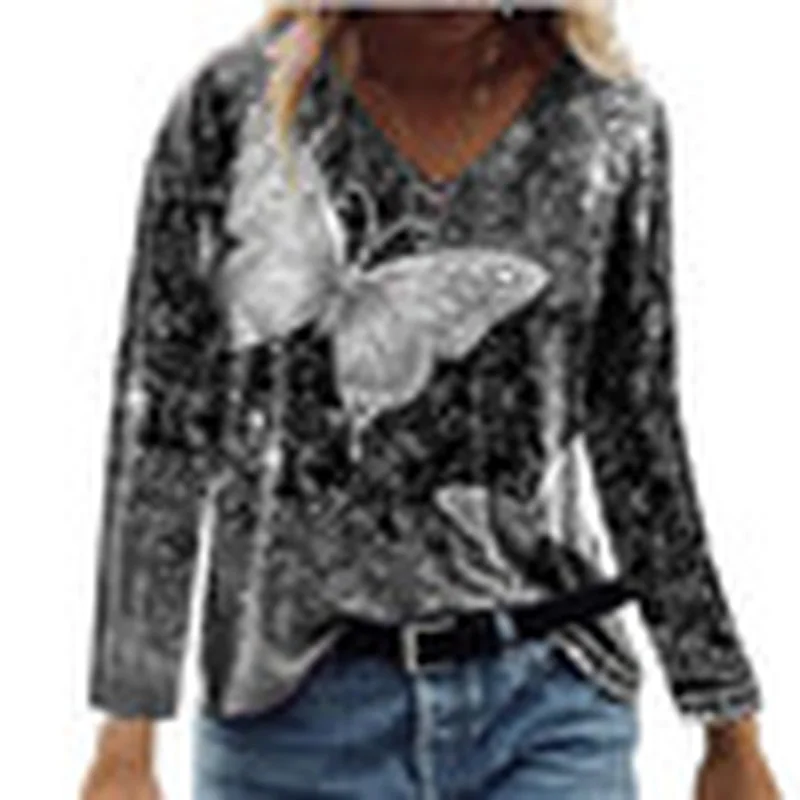 

Women'S Butterfly Print Long Sleeve Top Loose Casual T-Shirt Fall Popular