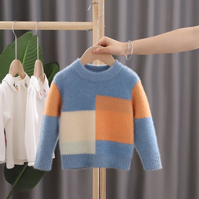 

2022 New O-Neck Baby Mink fleece Sweaters Plaid Pullover Knit Kids Clothes Boy Autumn Winter Tops Children Clothing toddler coat