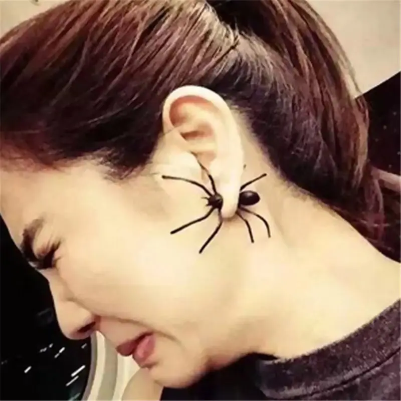 3D Double Sided Ear Post Stud Earrings Halloween Spider Animal Black Stud Earring Jewelry Women Holiday Gift 43mm x 40mm, 1 PC