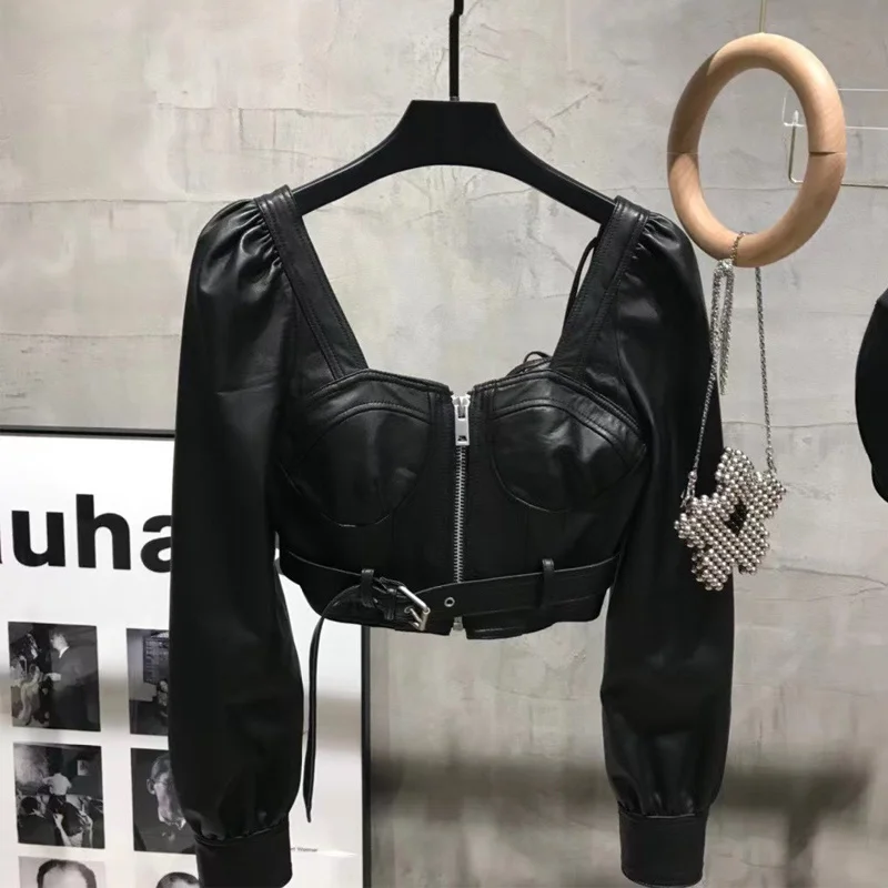 

Женский топ из настоящей шкуры ягненка SHZQ с открытым воротником