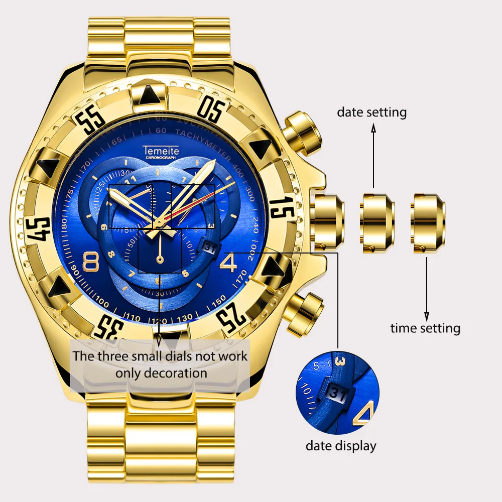 Temeite Sport Watch Men Top Brand Luxury Quartz Wrist Watches For Big Dial Stainless Steel Male Clock Relogio Masculino | Наручные часы
