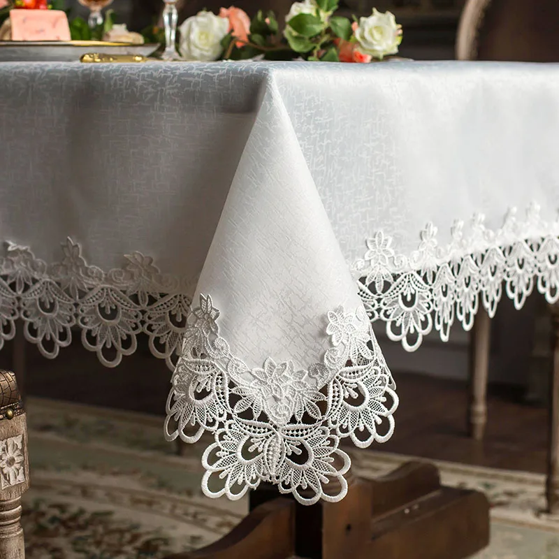 

European Luxury Embroidered Tablecloth White Lace Dining Table Chair Cloth Hollow Lace Coffee Table Cloth TV Cabinet Dust Cloth